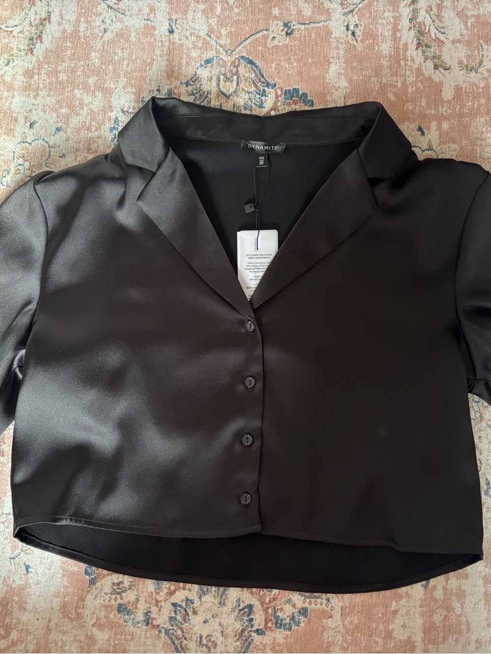 Dynamite Black Satin Button-Up Cropped Top